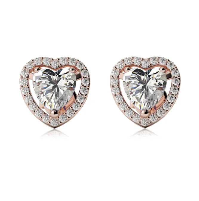 10k Rose Gold Plated 3 Ct Created Halo Heart White Sapphire Stud Earrings