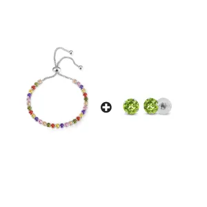 10k White Gold 7 Cttw Created Multi Color Round Adjustable Tennis Plated Bracelet and Earrings Set