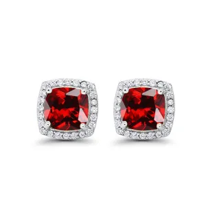 10k White Gold Plated 1/2 Ct Created Halo Princess Cut Garnet Stud Earrings