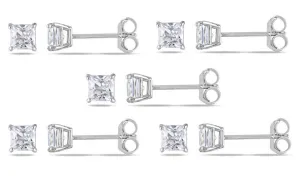 10k White Gold Plated Created White Sapphire 1/2Ct Square Cut Set of Five Stud Earrings