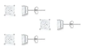 10k White Gold Plated Created White Sapphire 2Ct Princess Cut Set Of Three Stud Earrings