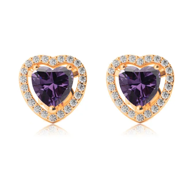 10k Yellow Gold Plated 2 Ct Created Halo Heart Amethyst Stud Earrings