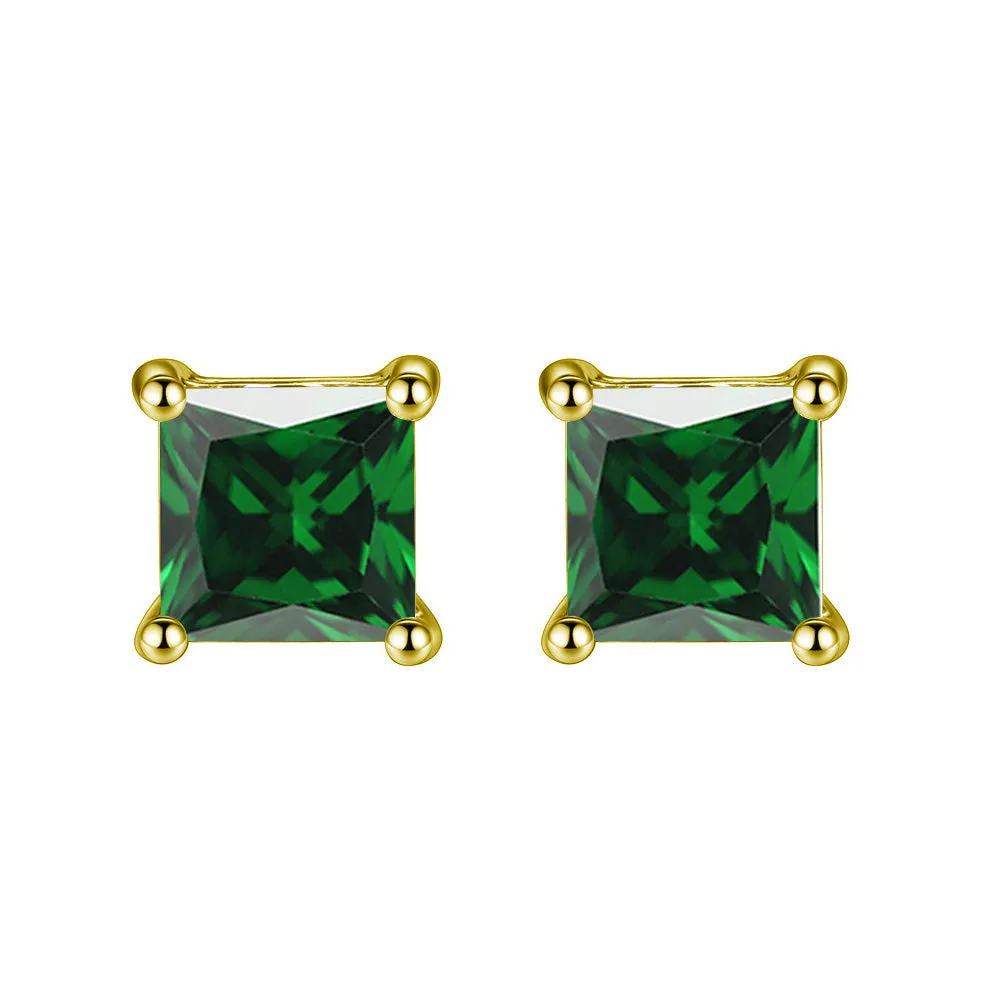 10k Yellow Gold Plated 2 Ct Princess Cut Created Emerald Stud Earrings