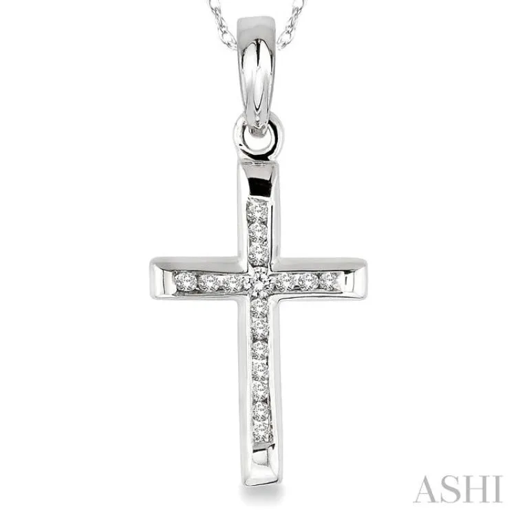 1/10 Ctw Single Cut Diamond Cross Pendant in 14K White Gold with Chain