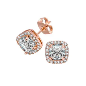 14k Rose Gold Plated Over Sterling Silver 4 Carat Princess Cut Created Halo Sapphire Stud Earrings