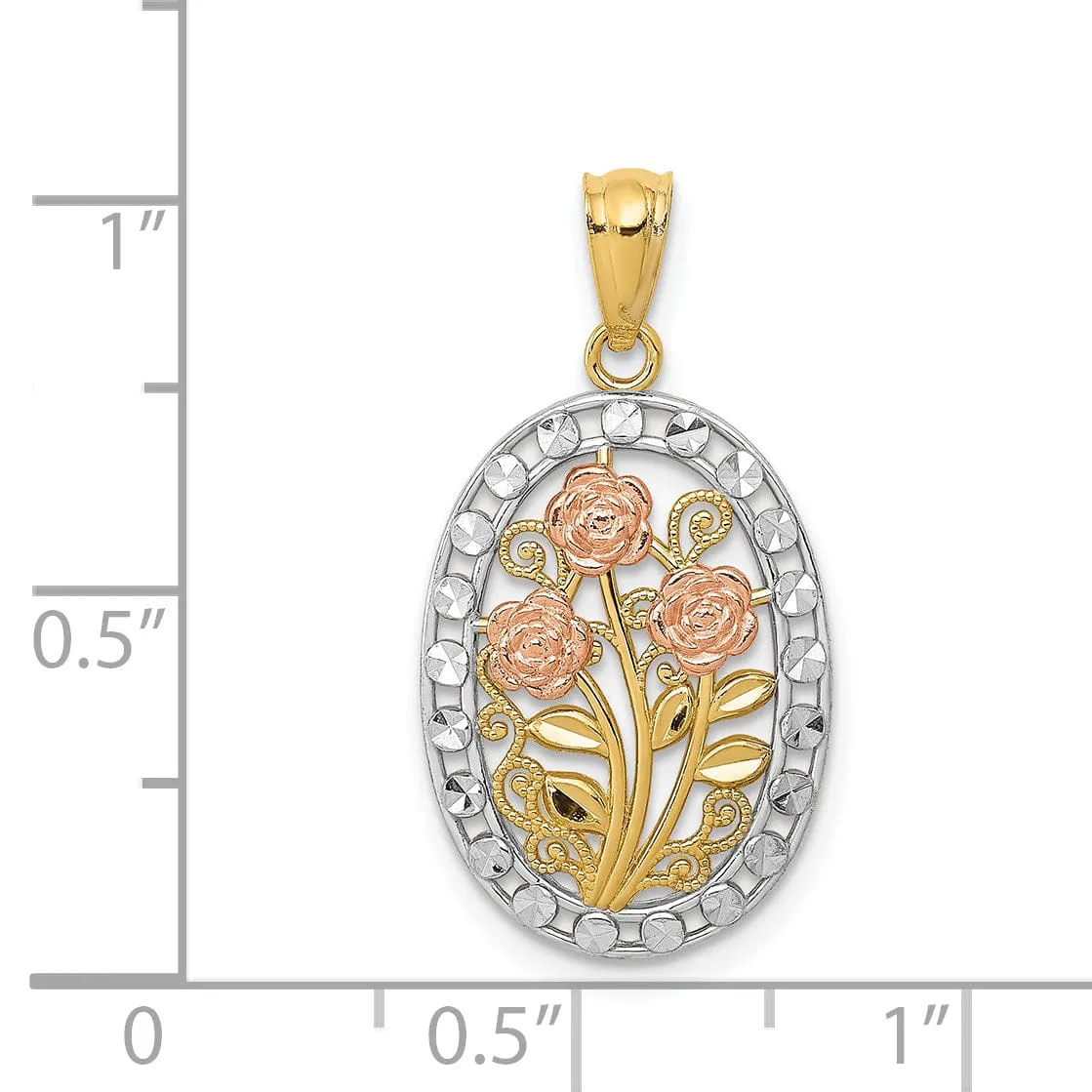 14k Tri-color Gold Casted Textured Back Solid Polished Finish Oval 3 Rose Charm Pendant