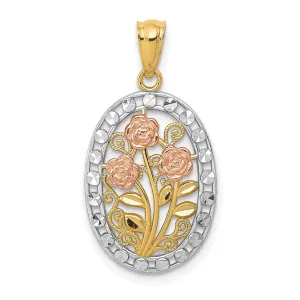 14k Tri-color Gold Casted Textured Back Solid Polished Finish Oval 3 Rose Charm Pendant