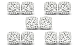 14k White Gold 2Ct Cushion Cut White Sapphire Set Of Five Halo Stud Earrings Plated