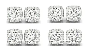 14k White Gold 4mm 4Ct Cushion Cut White Sapphire Set Of Four Halo Stud Earrings Plated