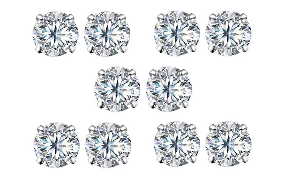 14k White Gold Plated 1/2Ct Round White Sapphire Set Of Five Stud Earrings