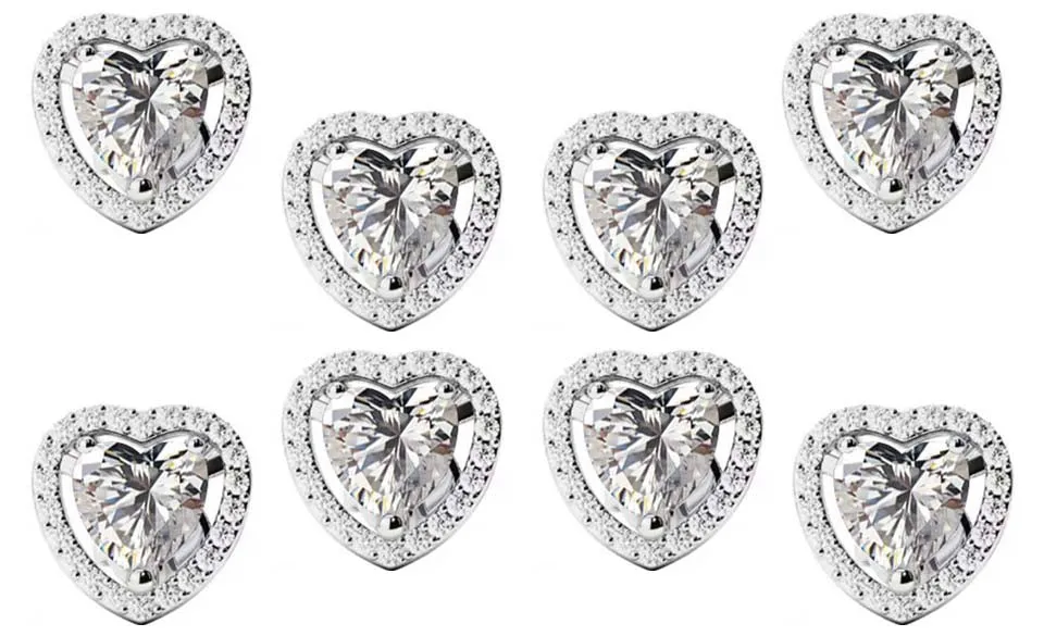 14k White Gold Plated 1Ct Heart White Sapphire Set of Four Halo Stud Earrings