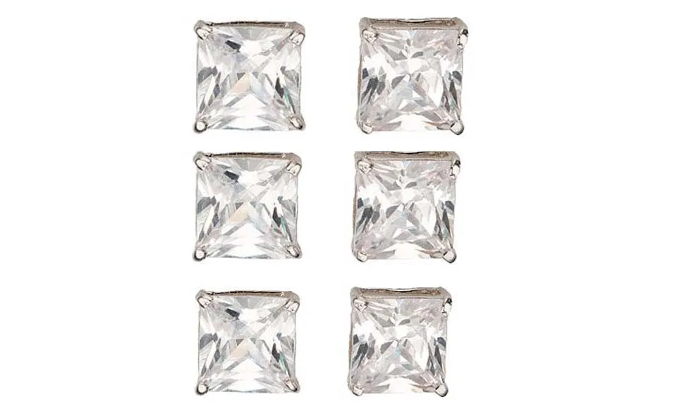 14k White Gold Plated 1Ct Square Cut White Sapphire Set Of Three Stud Earrings