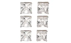 14k White Gold Plated 1Ct Square Cut White Sapphire Set Of Three Stud Earrings