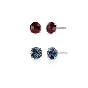 14k White Gold Plated 3Ct Created Garnet and Alexandrite 2 Pair Round Stud Earrings