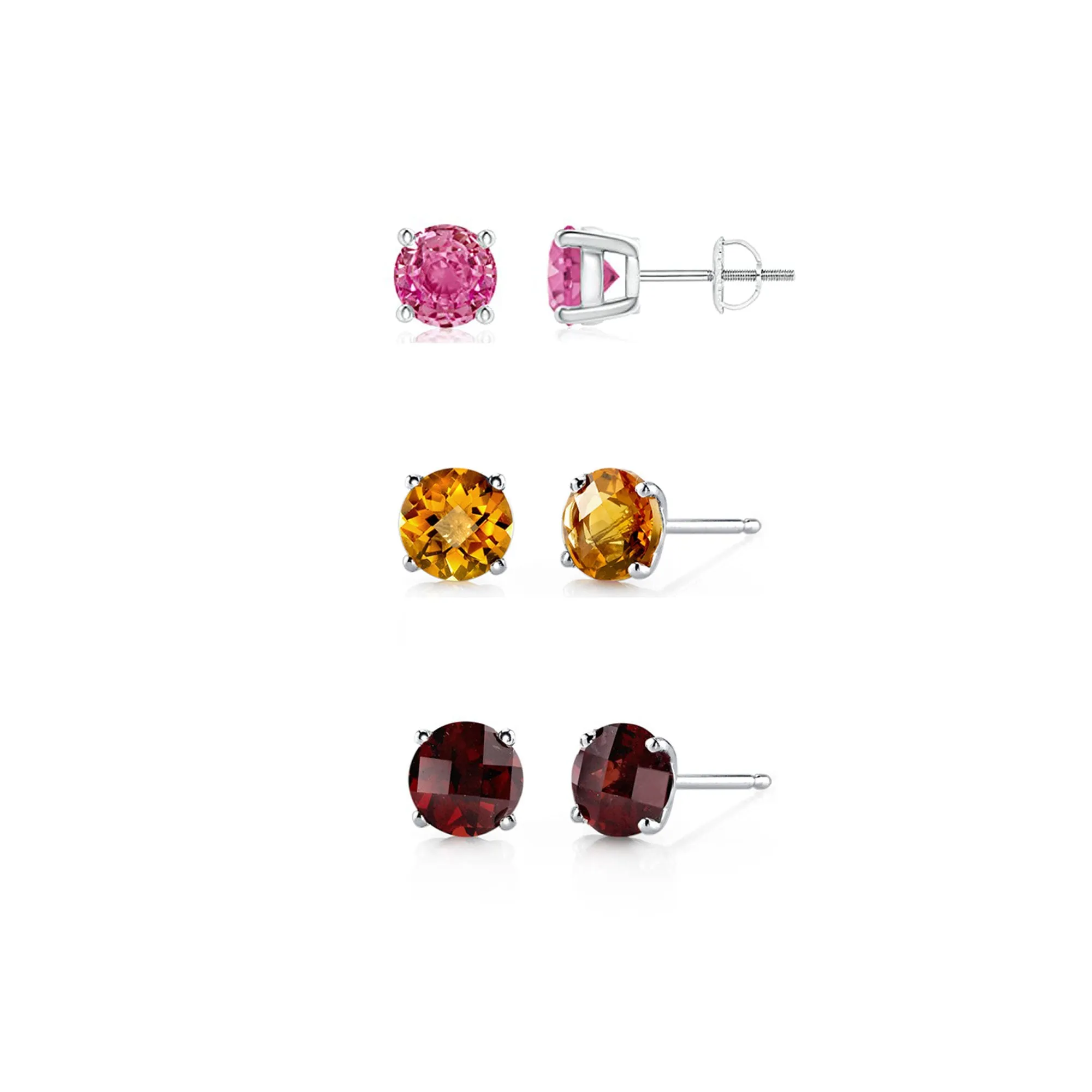 14k White Gold Plated 3Ct Created Pink Sapphire, Citrine and Garnet 3 Pair Round Stud Earrings