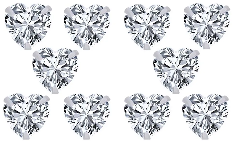 14k White Gold Plated 3Ct Heart White Sapphire Set Of Five Stud Earrings