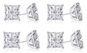 14k White Gold Plated 3Ct Princess Cut White Sapphire Set Of Four Stud Earrings