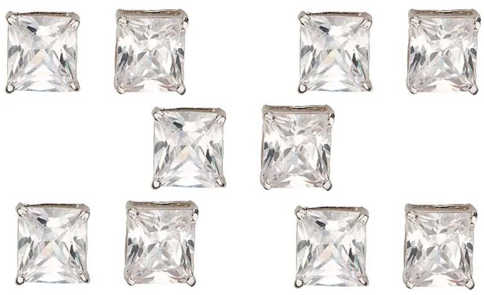 14k White Gold Plated 3Ct Square Cut White Sapphire Set Of Five Stud Earrings