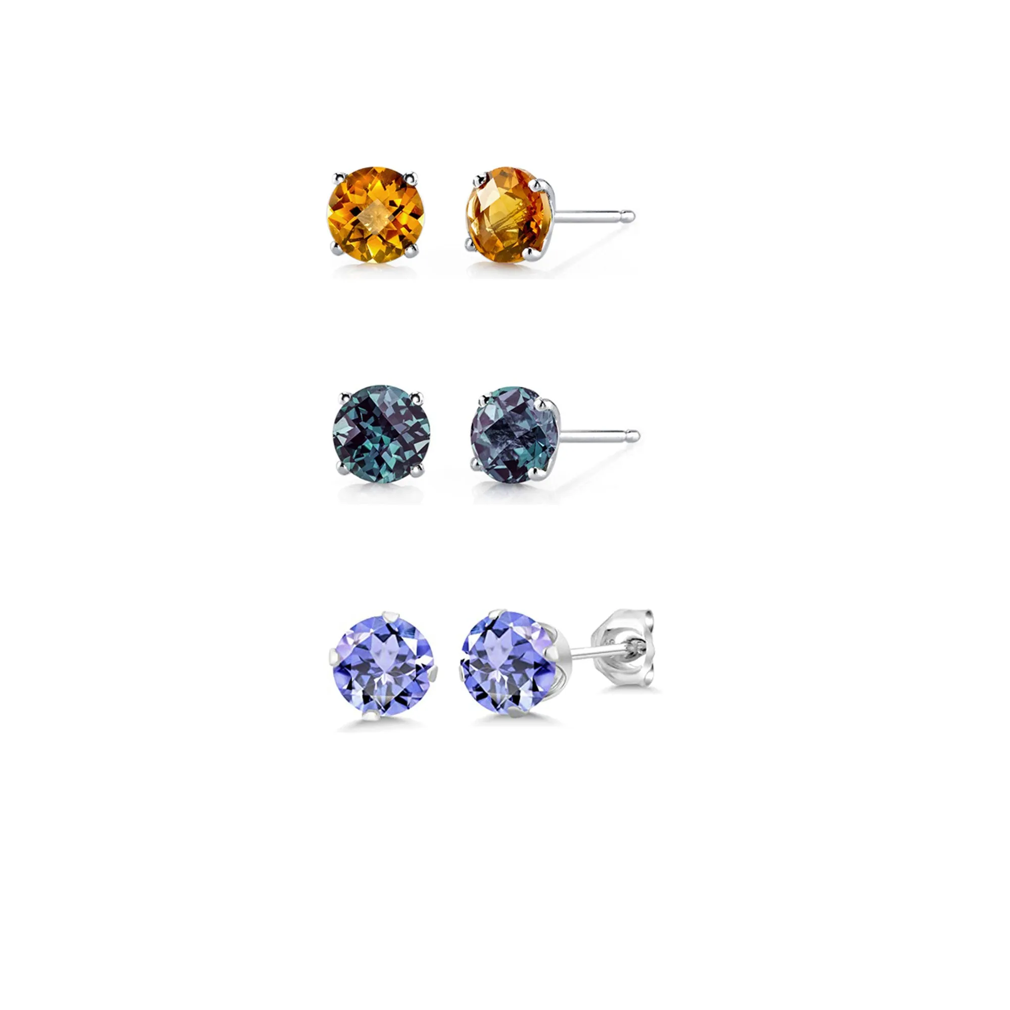 14k White Gold Plated 4Ct Created Citrine, Alexandrite and Tanzanite 3 Pair Round Stud Earrings