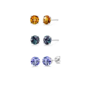 14k White Gold Plated 4Ct Created Citrine, Alexandrite and Tanzanite 3 Pair Round Stud Earrings