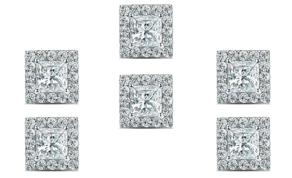 14k White Gold Plated 4mm 2Ct Princess Cut White Sapphire Set of Three Halo Stud Earrings