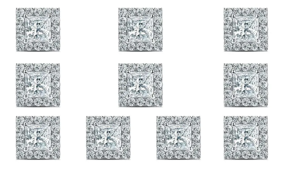 14k White Gold Plated 4mm 3Ct Princess Cut White Sapphire Set of Five Halo Stud Earrings