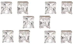 14k White Gold Plated 4mm 3Ct Square Cut White Sapphire Set Of Five Stud Earrings