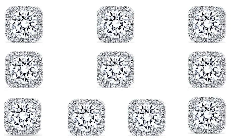 14k White Gold Plated 4mm 4Ct Square Cut White Sapphire Set of Five Halo Stud Earrings