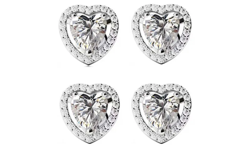 14k White Gold Plated 6mm 1/2Ct Heart White Sapphire Set of Two Halo Stud Earrings