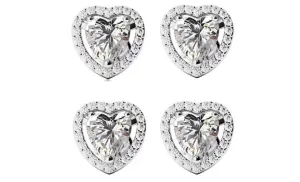 14k White Gold Plated 6mm 1Ct Heart White Sapphire Set of Two Halo Stud Earrings