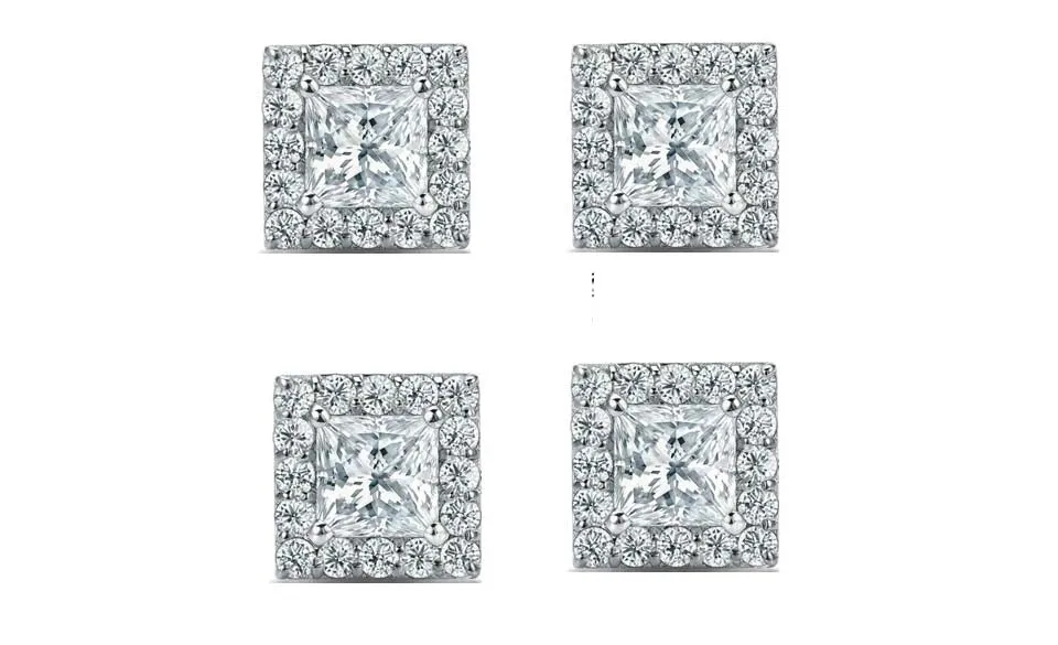 14k White Gold Plated 6mm 2Ct Princess Cut White Sapphire Set of Two Halo Stud Earrings