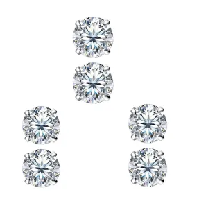 14k White Gold Plated 6mm 2Ct Round White Sapphire Set Of Three Stud Earrings