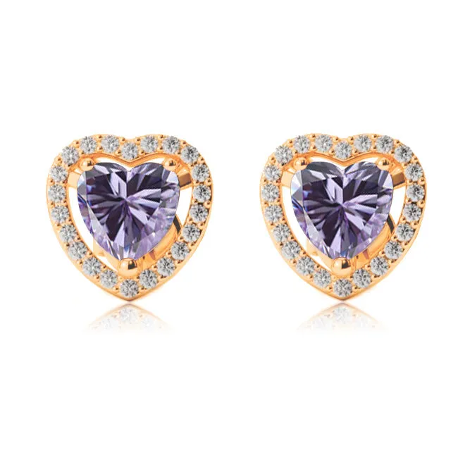 14k Yellow Gold Plated 1 Ct Created Halo Heart Tanzanite Stud Earrings