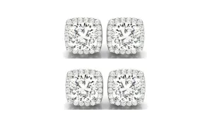 18k White Gold 4mm 1/2Ct Cushion Cut White Sapphire Set Of Two Halo Stud Earrings Plated