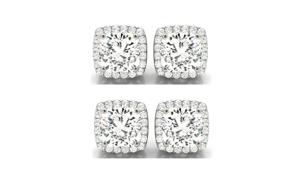 18k White Gold 4mm 1Ct Cushion Cut White Sapphire Set Of Two Halo Stud Earrings Plated