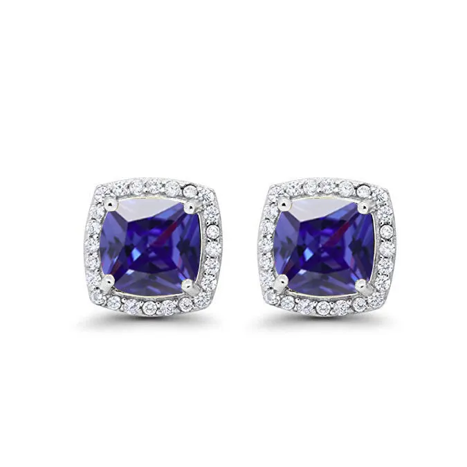 18k White Gold Plated 1/2 Ct Created Halo Princess Cut Blue Sapphire Stud Earrings