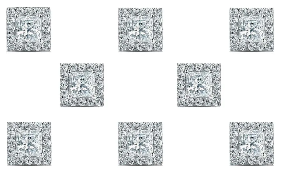 18k White Gold Plated 1/2Ct Princess Cut White Sapphire Set of Four Halo Stud Earrings