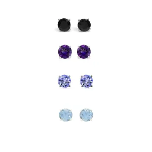 18k White Gold Plated 1Ct Created Black Sapphire, Amethyst, Tanzanite and Aquamarine 4 Pair Round Stud Earrings