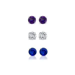 18k White Gold Plated 2Ct Created Amethyst, White Sapphire and Blue Sapphire 3 Pair Round Stud Earrings