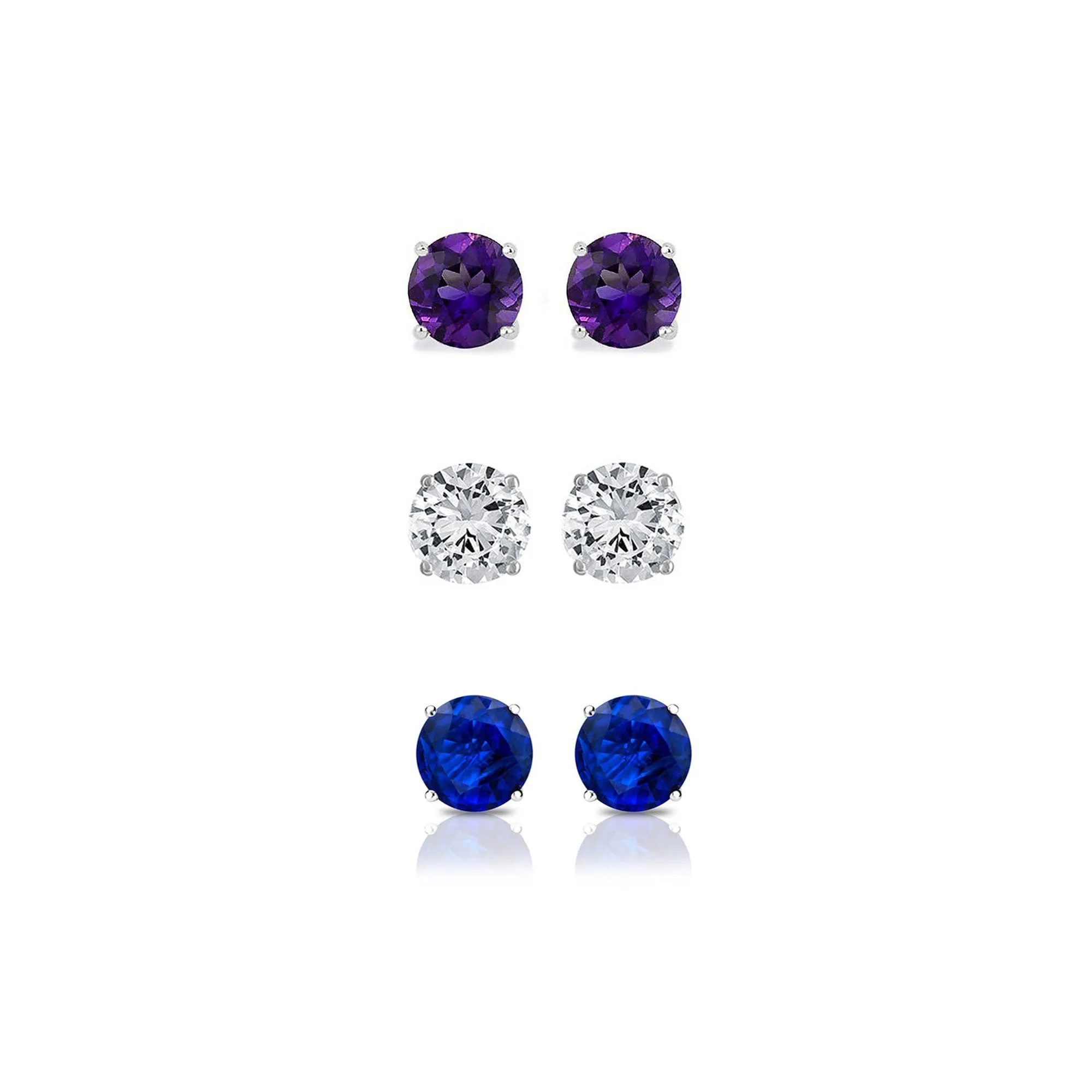 18k White Gold Plated 2Ct Created Amethyst, White Sapphire and Blue Sapphire 3 Pair Round Stud Earrings