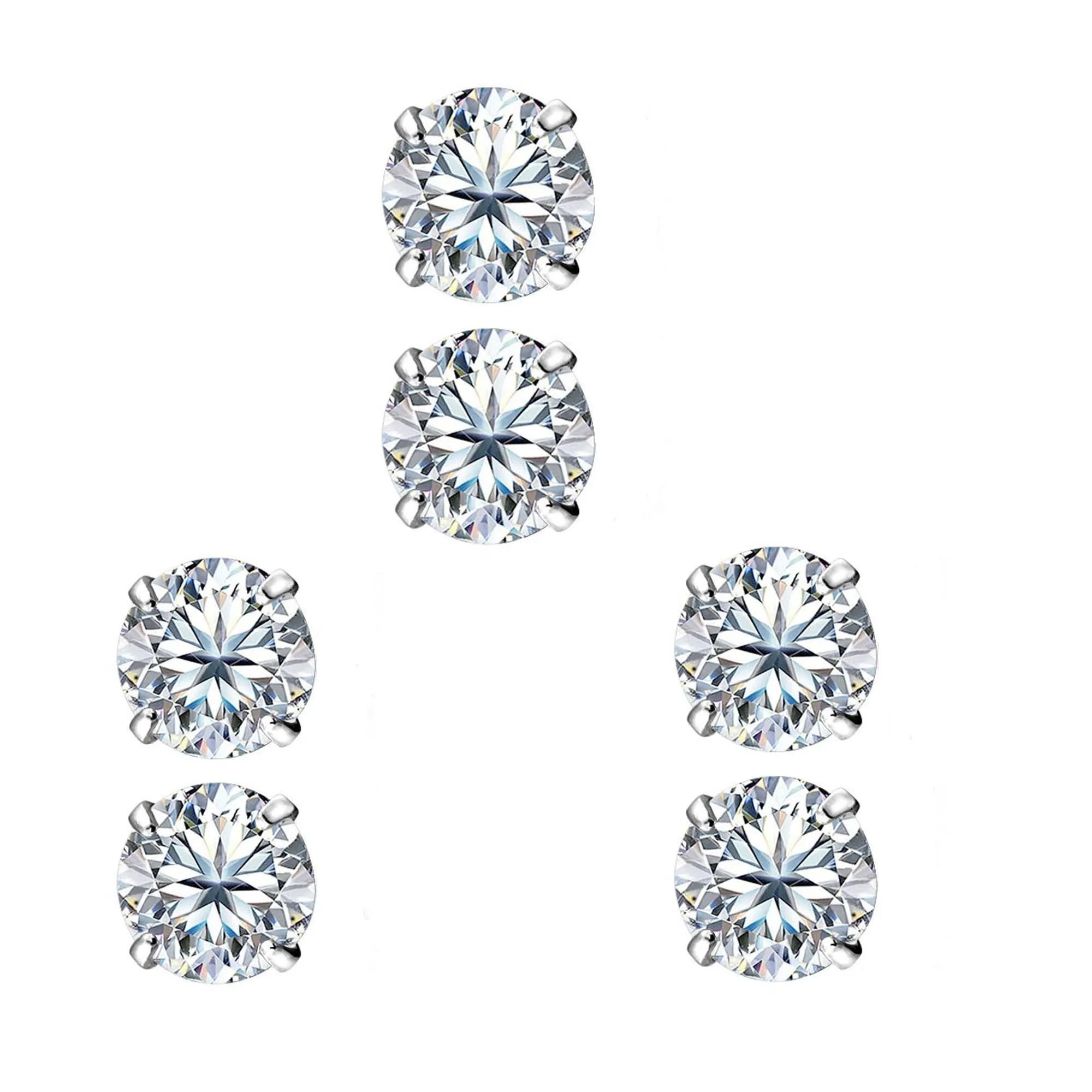 18k White Gold Plated 2Ct Round White Sapphire Set Of Three Stud Earrings