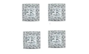 18k White Gold Plated 3Ct Princess Cut White Sapphire Set of Two Halo Stud Earrings