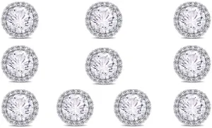 18k White Gold Plated 3Ct Round White Sapphire Set Of Five Halo Stud Earrings