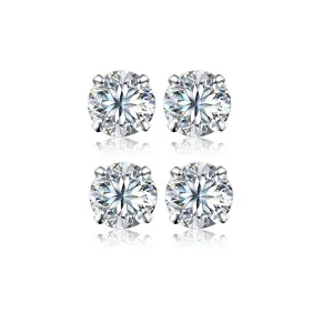 18k White Gold Plated 4mm 4Ct Round White Sapphire Set Of Two Stud Earrings