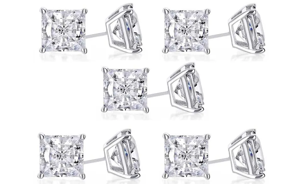 18k White Gold Plated 6mm 1/2Ct Princess Cut White Sapphire Set Of Five Stud Earrings