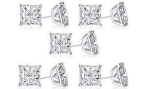 18k White Gold Plated 6mm 1Ct Princess Cut White Sapphire Set Of Five Stud Earrings