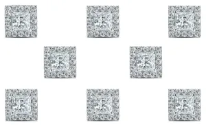 18k White Gold Plated 6mm 4Ct Princess Cut White Sapphire Set of Four Halo Stud Earrings