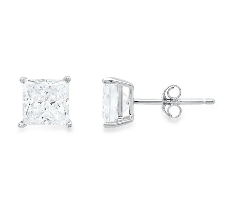 18k White Gold Plated Created White Sapphire 1Ct Princess Cut Stud Earrings