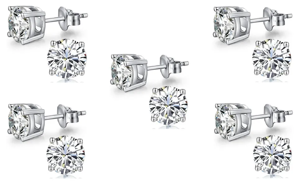 18k White Gold Plated Created White Sapphire 3Ct Round Pack of Five Stud Earrings