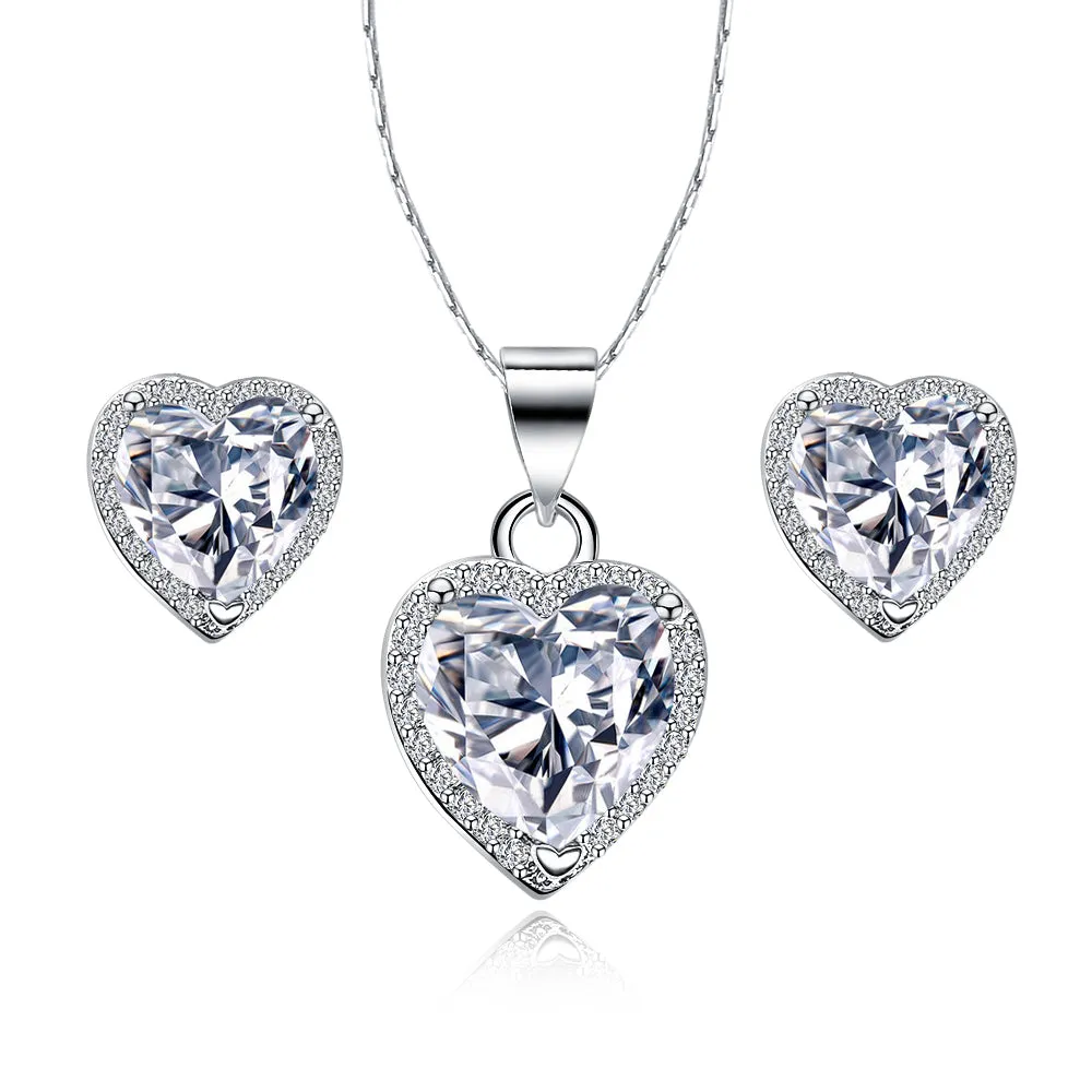 18k White Gold Plated Heart 4 Carat Created Cubic Zirconia Full Set Necklace 18 inch